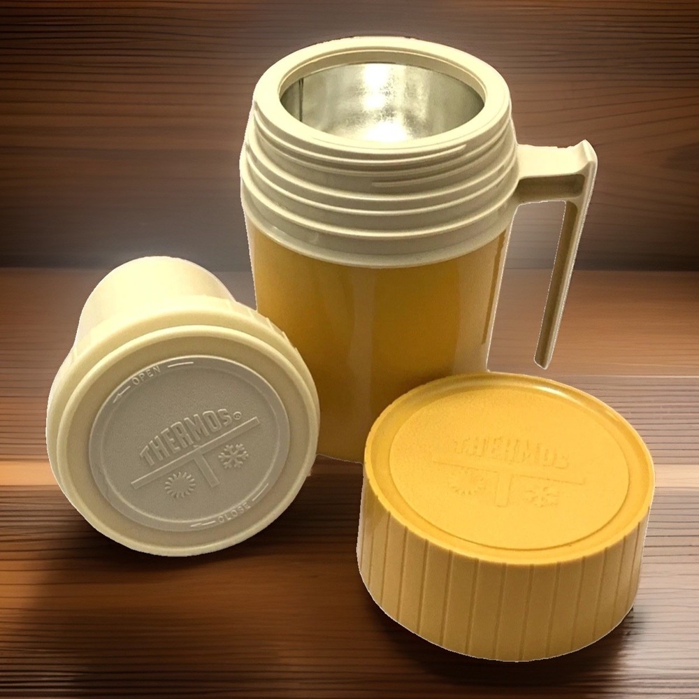 Vintage Thermos MCM Kitchen Decor Cabin Camp 1970's Staging Mustard Yellow Gold